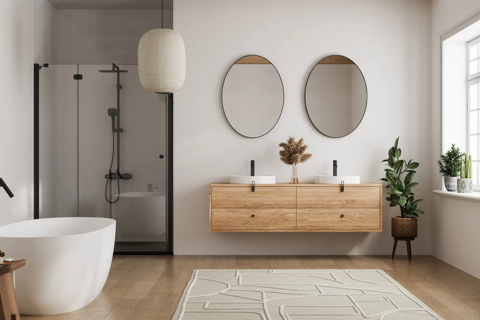 Nyrenoverat badrum efter badrumsrenovering med kakel och duschvägg