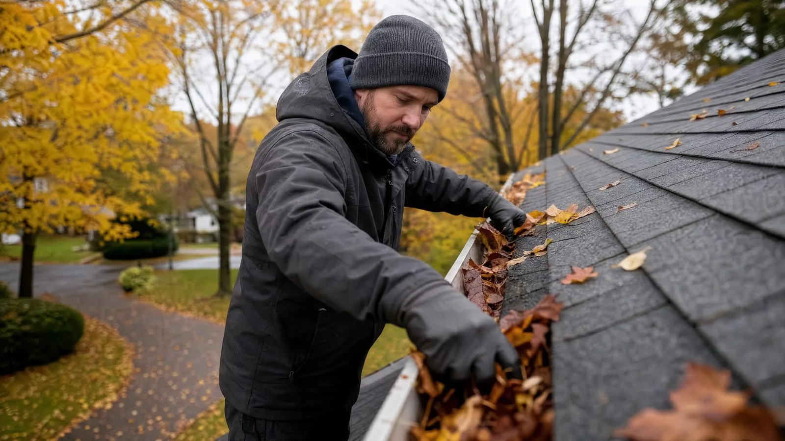 Rensning av hängränna full med löv på villa